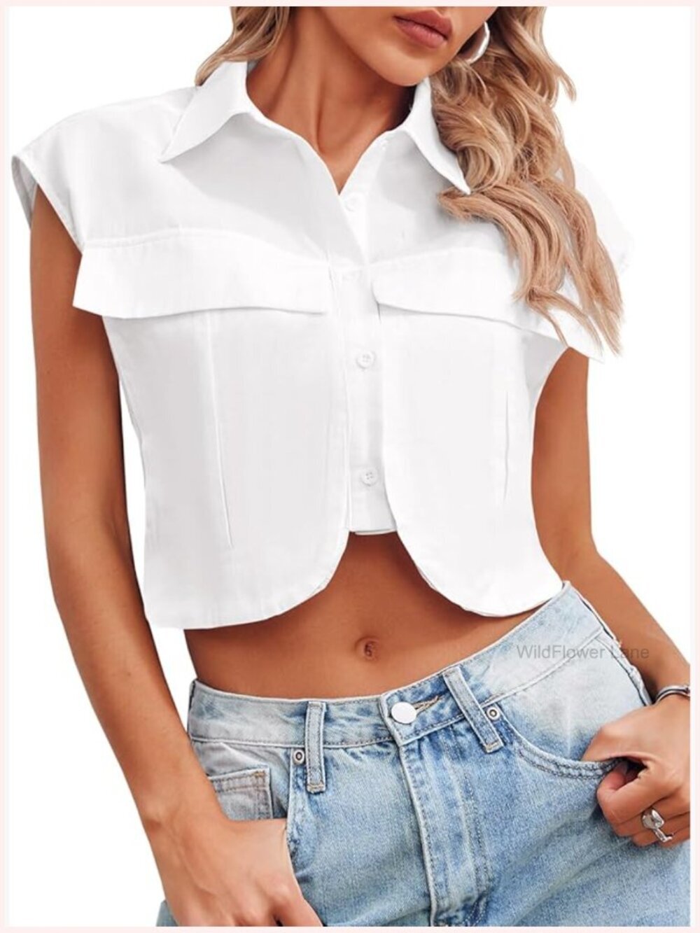 Cute Cap Sleeve Crop Top Button Down Blouse